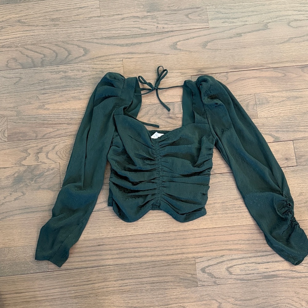 Astr Ruched Hunter Green Long-Sleeve Square Neck Crop Top
